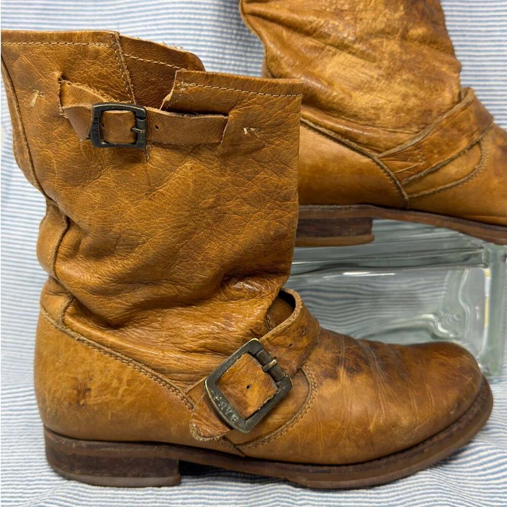 Frye Veronica Short Boot Ankle Mid-Calf Full-Grain Tan Leather 76509 Distressed
